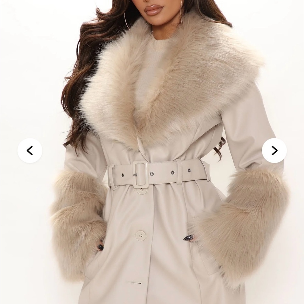 Fashion Nova Cream Faux Leather Trench Coat with Faux Fur - Picture 2 of 11